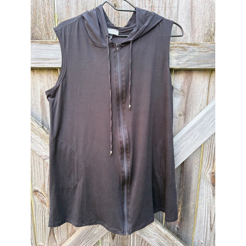 J Valdi Black Sleeveless Hooded Zip Up Tunic Vest with Pockets J594723 L
